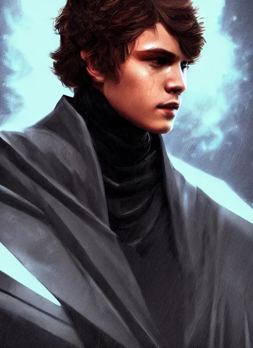 Image similar to a portrait of anakin skywalker with darkside corruption, cyberpunk, grim - lighting, high - contrast, intricate, elegant, highly detailed, digital painting, artstation, concept art, smooth, sharp focus, illustration