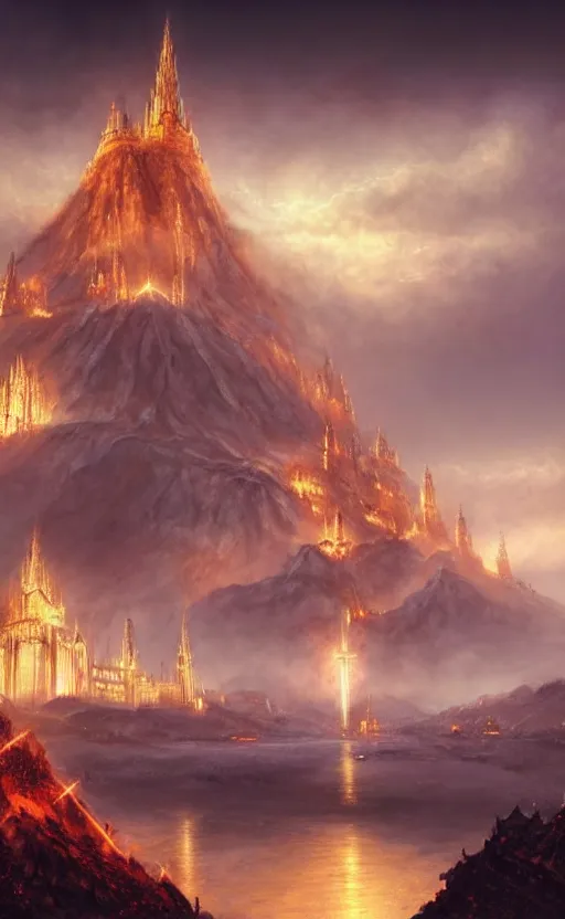 Image similar to beautiful gold fantasy city made from white stone and bright copper built on the side of a volcano, gondor, misty, red sky, medieval city, metropolis, magic, gorgeous clouds, white marble, god rays, digital art, landscape, fantasy art, octane render, ureal engine, high detail, very realistic, by greg rutkowski. by james gurney