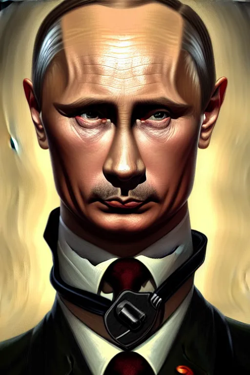 Image similar to vladimir putin as hitler, realistic portrait, symmetrical, highly detailed, digital painting, artstation, concept art, smooth, sharp focus, illustration, cinematic lighting, art by artgerm and greg rutkowski and alphonse mucha