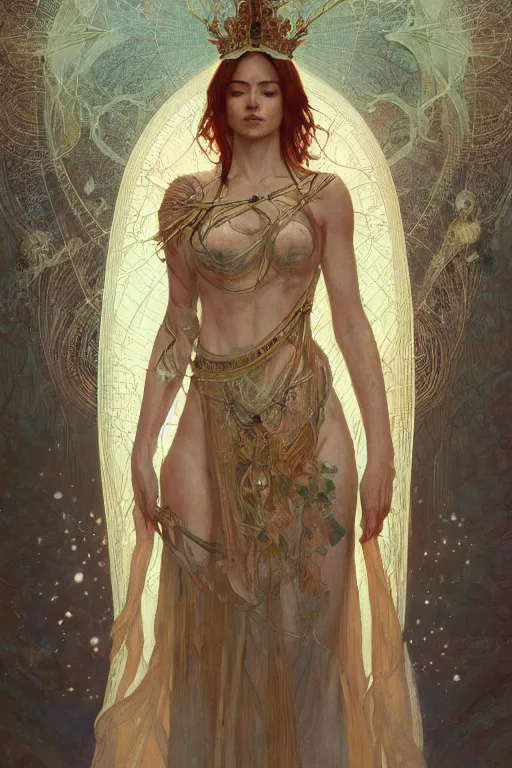 Prompt: a full body portrait of a beautiful ethereal delicate mage queen meditative sacral pose of vestal power, intricate, elegant, highly detailed, digital painting, artstation, concept art, smooth, sharp focus, illustration, art by krenz cushart and artem demura and alphonse mucha