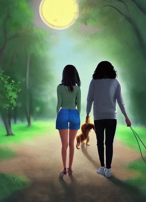 Image similar to young beautiful brown woman walking with her dog in a park at night with a full moon, illustration, photoreal, fantasy, trending. masterpiece work of art . oil on canvas. Digitally painted. Realistic. 3D. 8k. UHD.