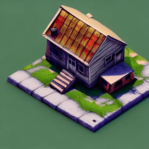 Prompt: isometric 3 d old broken home, low poly, soft render, handpaint texture, blender, 3 dcoat