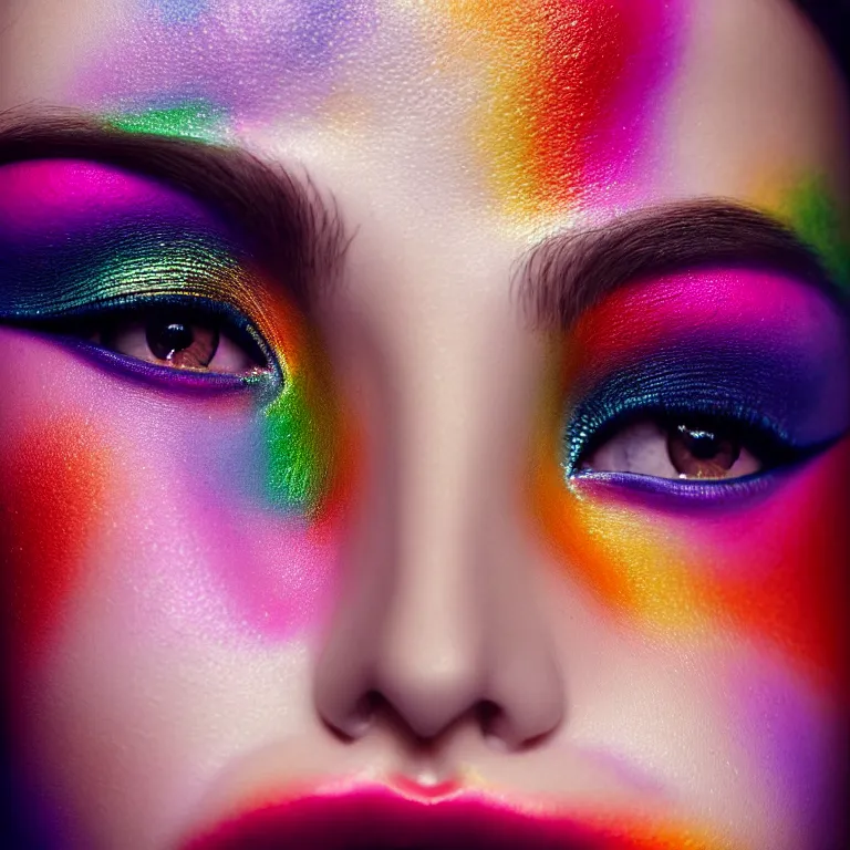 Prompt: amazing closeup symmetrical portrait of a young woman with beautiful colorful make up by Sir John, Pat McGrath, perfect colorful eyeshadows, 50mm portrait, beautiful detailed intricate insanely detailed octane render trending on Artstation, 8K artistic photography, photorealistic, dramatic volumetric cinematic perfect light, chiaroscuro, award-winning photograph, masterpiece, Raphael, Caravaggio, harsh flash photography