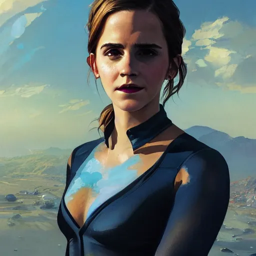 Image similar to highly detailed painting of emma watson wearing a skintight dress, gta 5 cover art, stephen bliss, 8 k, by greg rutkowski, artgerm, loish, rhads, global illumination, radiant light, detailed and intricate environment