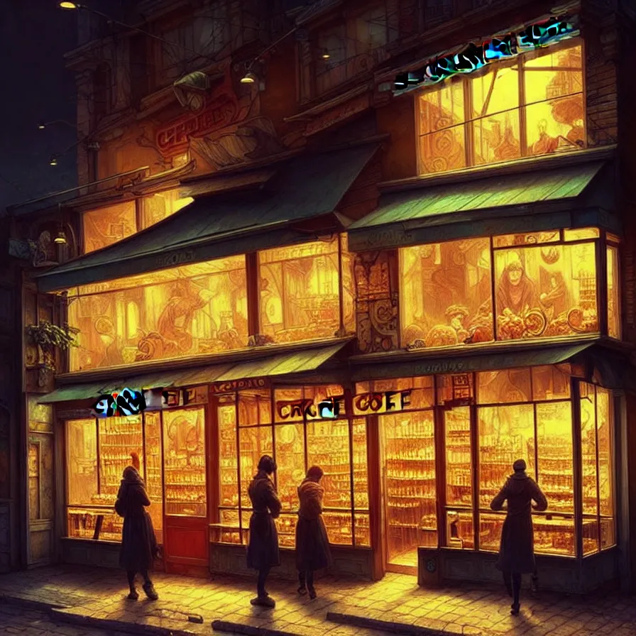 Image similar to a coffee shop store in The City of Ukraine at night with a few customers, extreme plus resolution fantasy concept art, intricate details to everything visible, sharp lighting, Dramatic light by denis villeneuve, strong emphasis on alphonse mucha, Makoto Shinkai