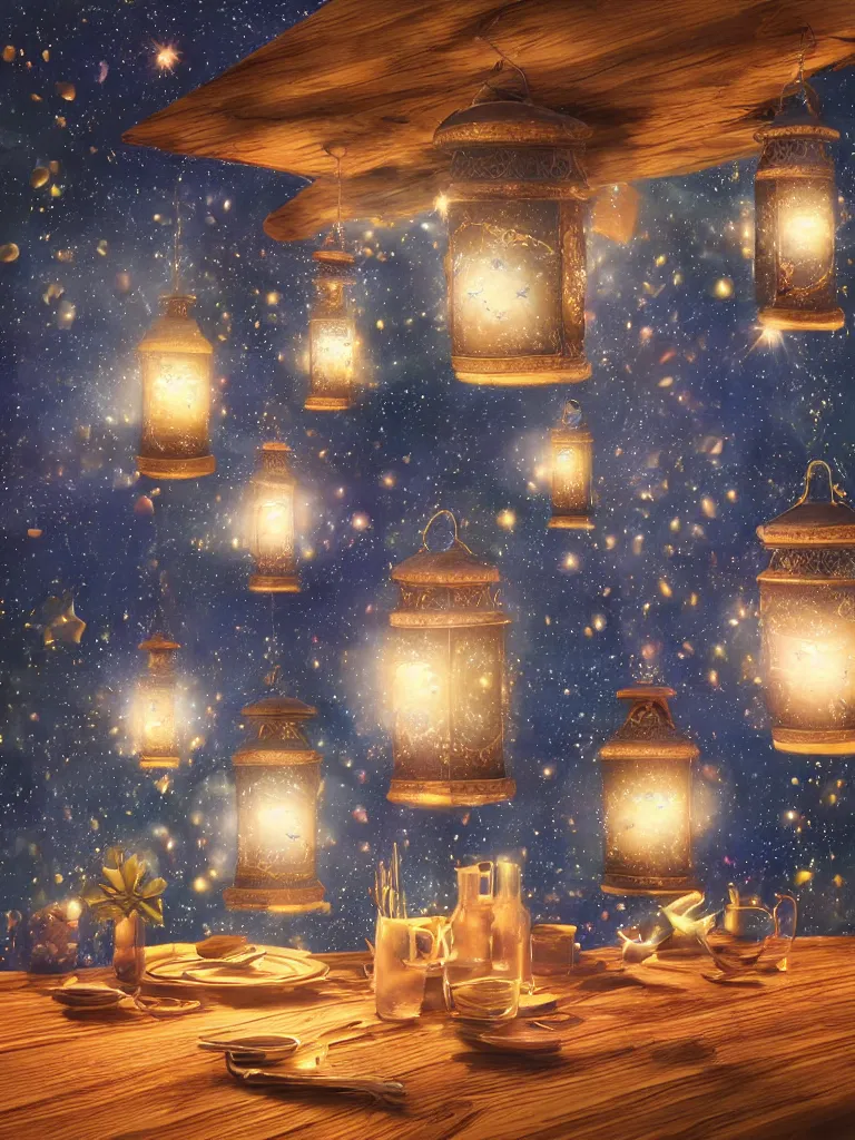 Prompt: Photorealistic Magical Realism lanterns with galaxies of stars inside on a wooden table at sunset, highly detailed