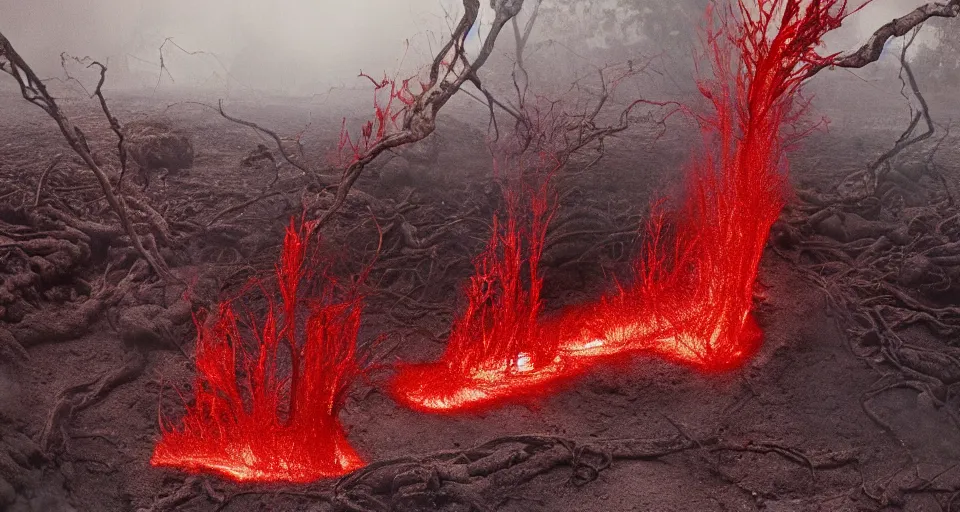 Prompt: a volcano made of ivory vines and crimson rocks enters in eruption, it spits a smoke in the shape of demonic eye, by gregory crewdson