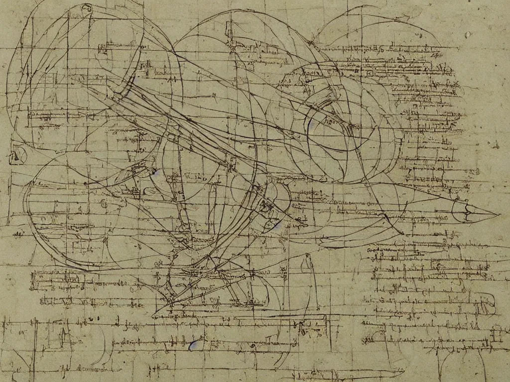Prompt: the object that defies all the physics laws, analytic sketch blueprint by Leonardo da Vinci, detailed, damage paper