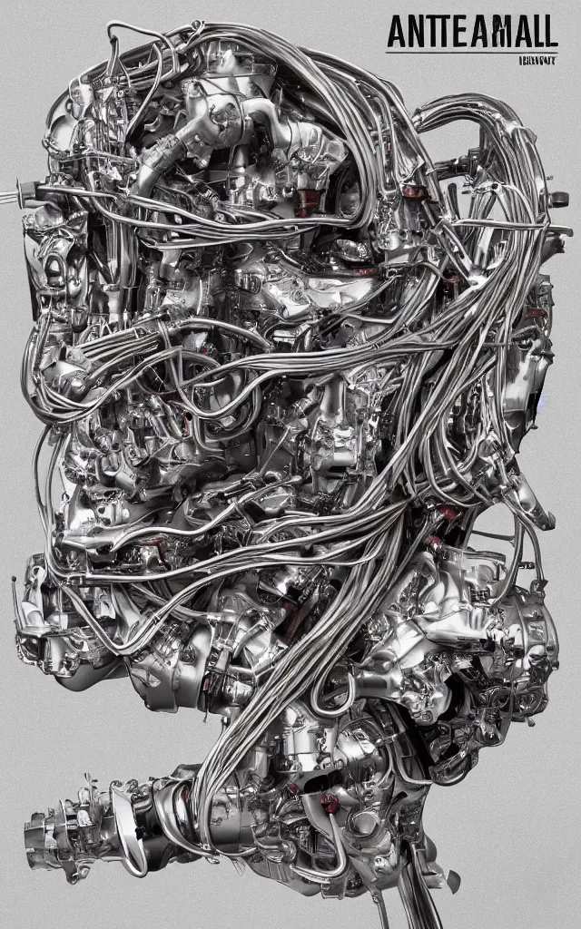 Image similar to a ghost inside metallic anatomical magnesium with integrated internal combustion engine pistons and exposed wires album cover