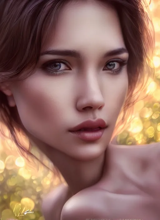 Image similar to photo of a gorgeous female in the style of stefan kostic, realistic, half body shot, sharp focus, 8 k high definition, insanely detailed, intricate, elegant, art by stanley lau and artgerm, bokeh foliage