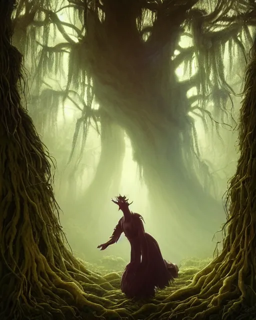 Image similar to highly detailed surreal vfx portrait of a cursed monster in a shadowy forest by a willow tree, stephen bliss, unreal engine, greg rutkowski, loish, rhads, beeple, makoto shinkai and lois van baarle, ilya kuvshinov, rossdraws, tom bagshaw, alphonse mucha, global illumination, detailed and intricate environment