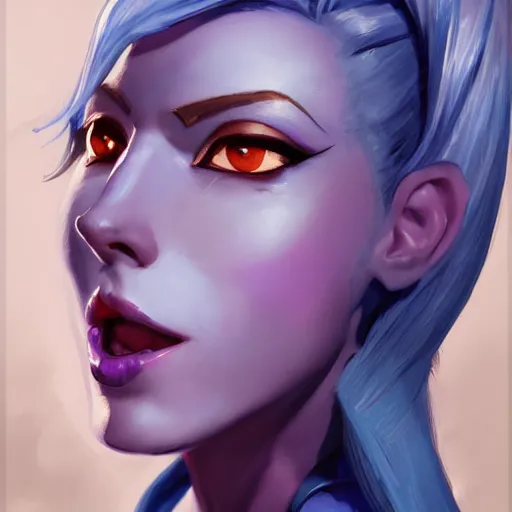 Prompt: greg manchess portrait painting of partially armored blue haired jinx from league of legends as overwatch character, medium shot, asymmetrical, profile picture, organic painting, sunny day, matte painting, bold shapes, hard edges, street art, trending on artstation, by huang guangjian, gil elvgren, ruan jia, greg rutkowski, gaston bussiere