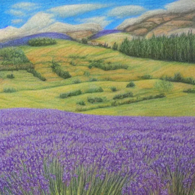 Image similar to lavander field in italian landscape, colored pencil drawing