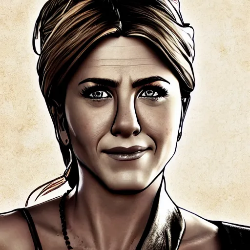 Image similar to jennifer aniston portrait, borderlands, tales from the borderlands, the wolf among us, comic, cinematic lighting, studio quality, 8 k