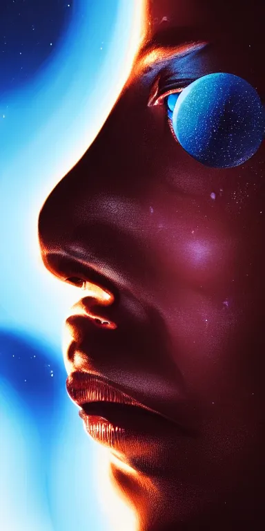 Image similar to zima blue sculpture of a face looking at two galaxies colliding in space, sci-fi, high detail, light reflections, matte painting, style by syd mead, 8k, octane render, volumetric, vivid, beautiful, hyperrealism”