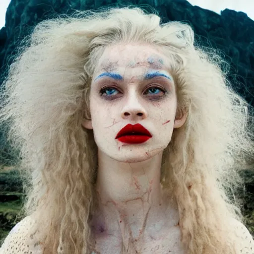 Image similar to a beautiful english woman with a long face narrow nose pale skin blue eyes red lips and wild messy tangles of curly white blonde hair, high resolution film still, sandy, a journey to the west