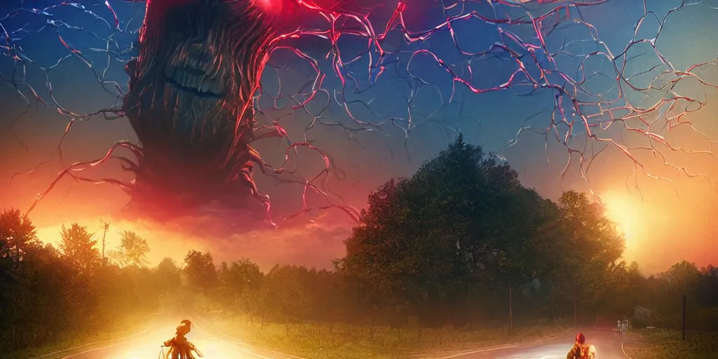 Prompt: say, if i only could, be running up that hill,, stranger things, demogorgon, cyberwave, vector graphics, cinematic, photorealistic, highly detailed, volumetric lighting