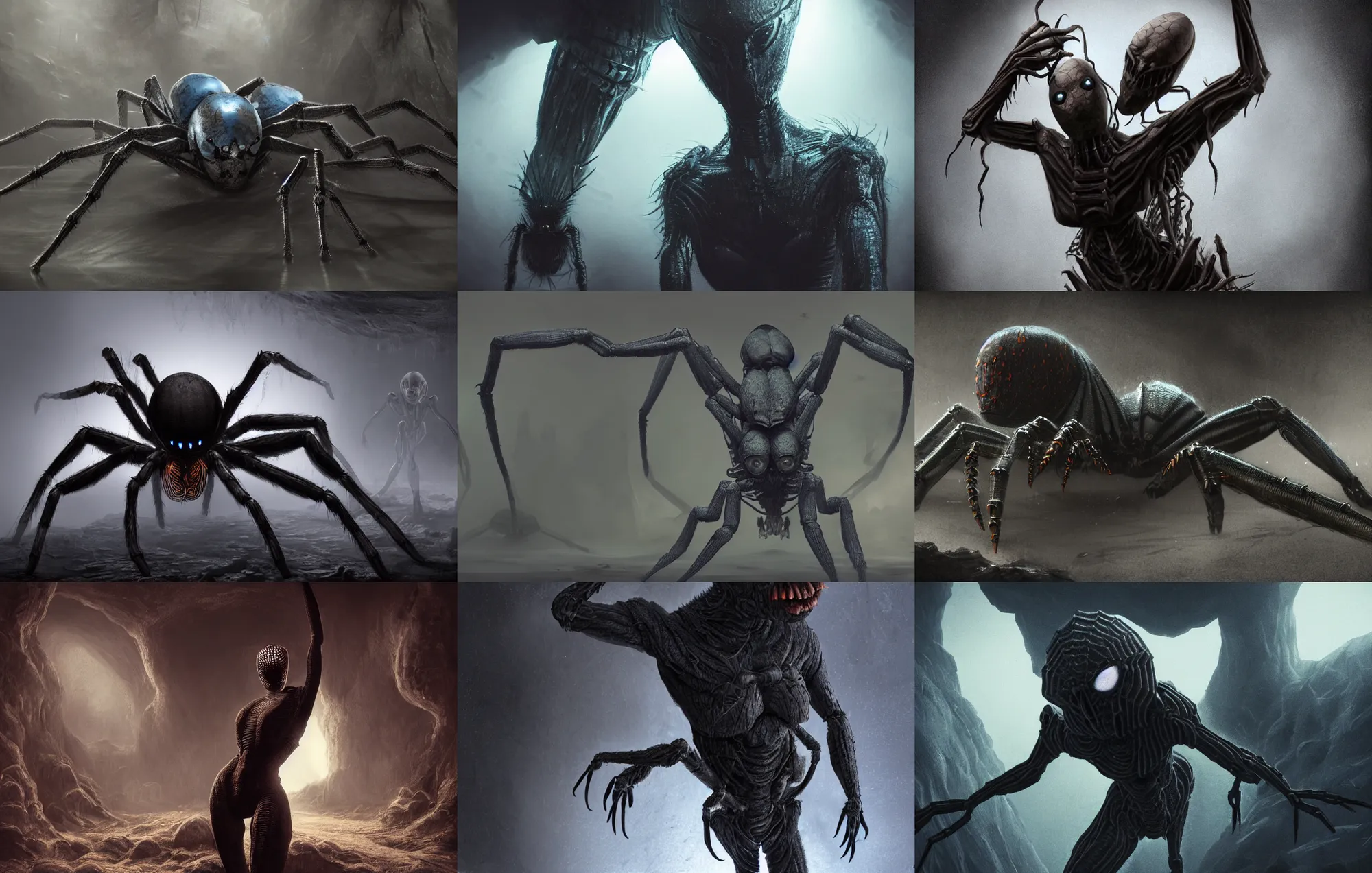 Prompt: creepy matte painting of an armored humanoid female spider monster with eight spider legs in a dark cave, ultra detailed, monster, half human half spider, human torso and head, human face, human arms, spider thorax, creature design, concept art, 8 k, moody lighting, muted colors, blue tone light, dramatic lighting, realistically proportioned face