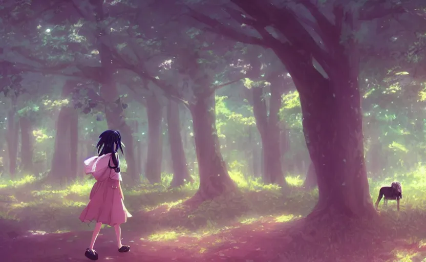 Image similar to An anime girl walking through a forest, surrounded by animals, anime scene by Makoto Shinkai, digital art