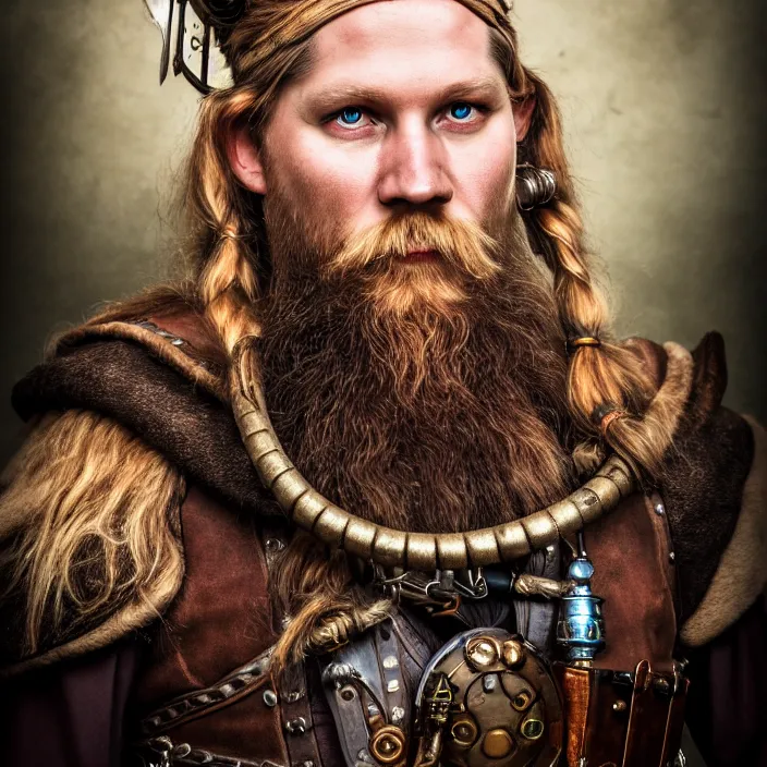 Prompt: portrait full shot photograph of a real-life steampunk viking, Extremely detailed. 8k