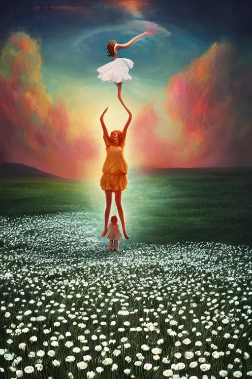 Image similar to giant white daisy flower over head, girl dancing in a flower field, surreal photography, sunrise, dramatic light, impressionist painting, colorful clouds, digital painting, artstation, simon stalenhag