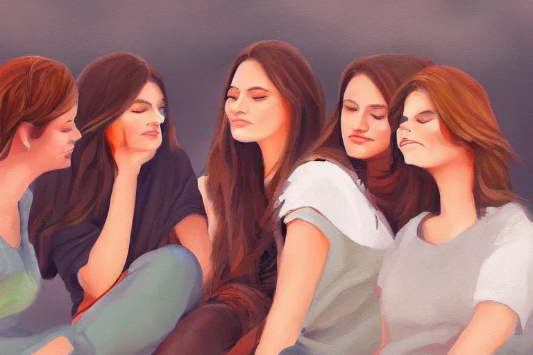 Prompt: beautiful painting of friends, beautiful faces, sitting on the edge, cute, soft light, digital painting