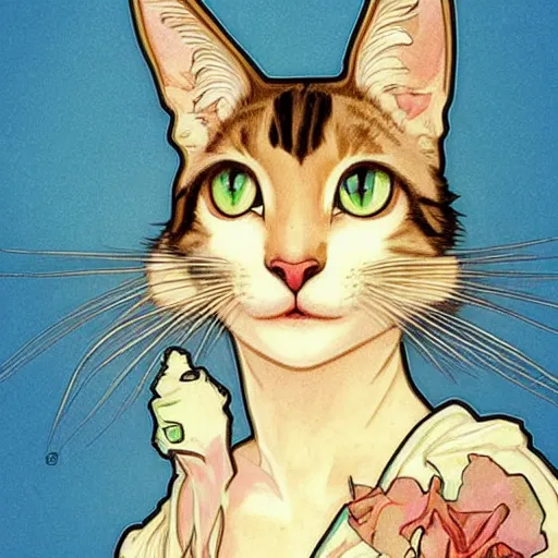 Prompt: a cute mix between a rabbit and a cat, beige, big green eyes, cute artgerm, alphonse mucha