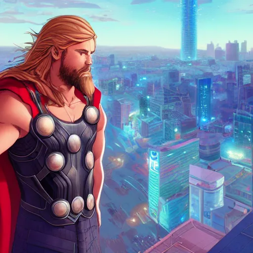 Image similar to ⁠portrait of Thor , Karachi skyline background, rich vivid colors, ambient lighting, dynamic lighting, 4k, HQ, official media, anime key visual, makoto shinkai, ilya kuvshinov, lois van baarle, rossdraws, detailed, trending on artstation