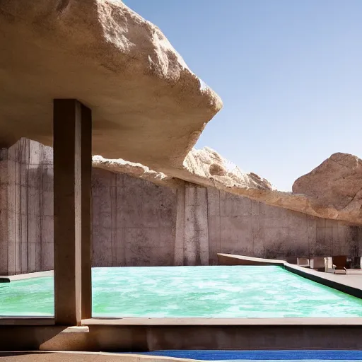 Prompt: brutalism luxury hotel in the desert, biophilia mood, pool, garden, highly detailed, cinematic, photorealistic,