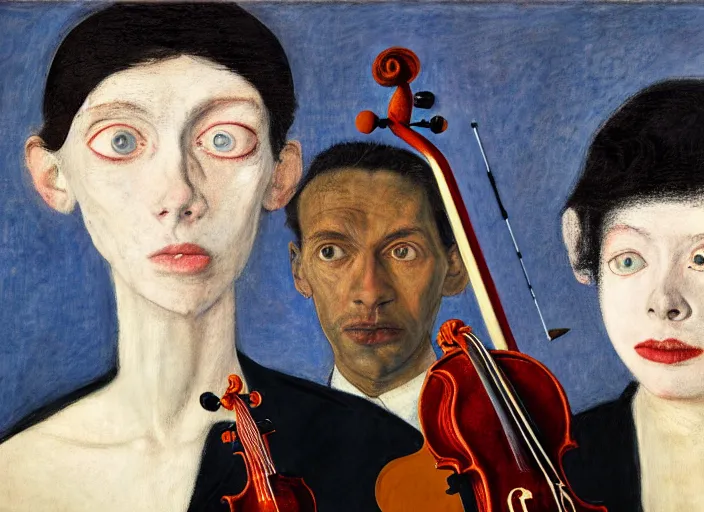 Prompt: portrait of two young violin players getting ready to perform looking, half figure front, francis bacon and pat steir and hilma af klint and james jean and vincent lefevre, psychological, photorealistic, symmetrical faces, intriguing eyes, rendered in octane, altermodern, masterpiece