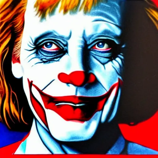 Image similar to angela merkel is the joker, airbrush art, drew struzan illustration art, key art, portrait