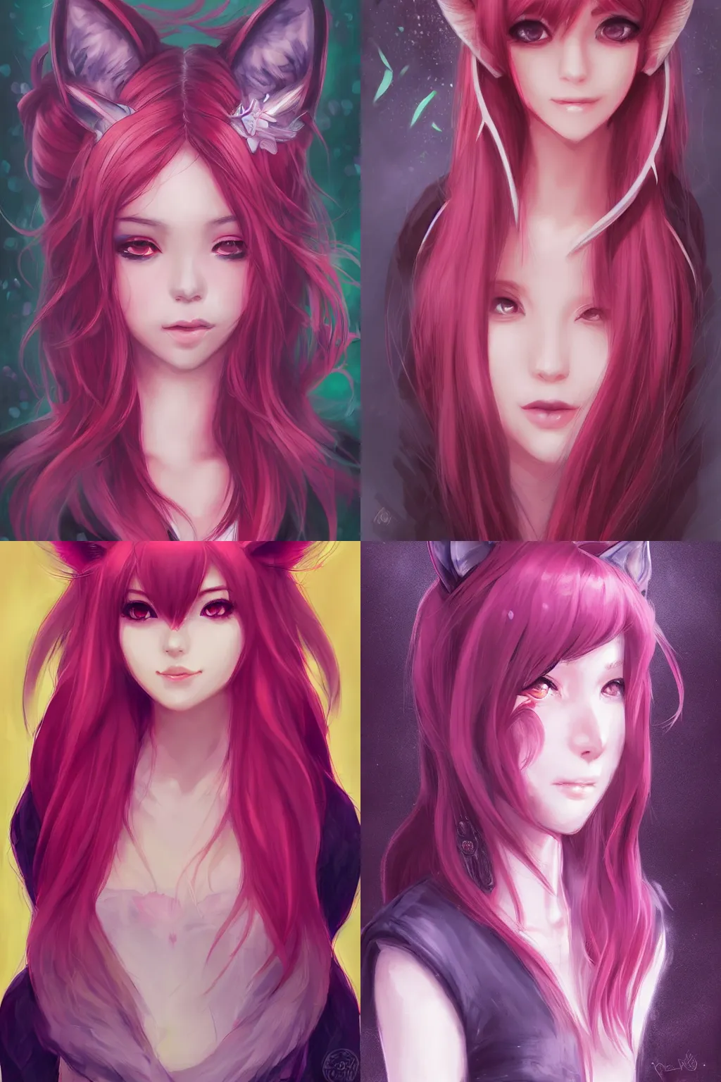 Prompt: centered detailed portrait of a beautiful shy woman with medium fuschia hair and fox ears, by Ross Tran. Anime