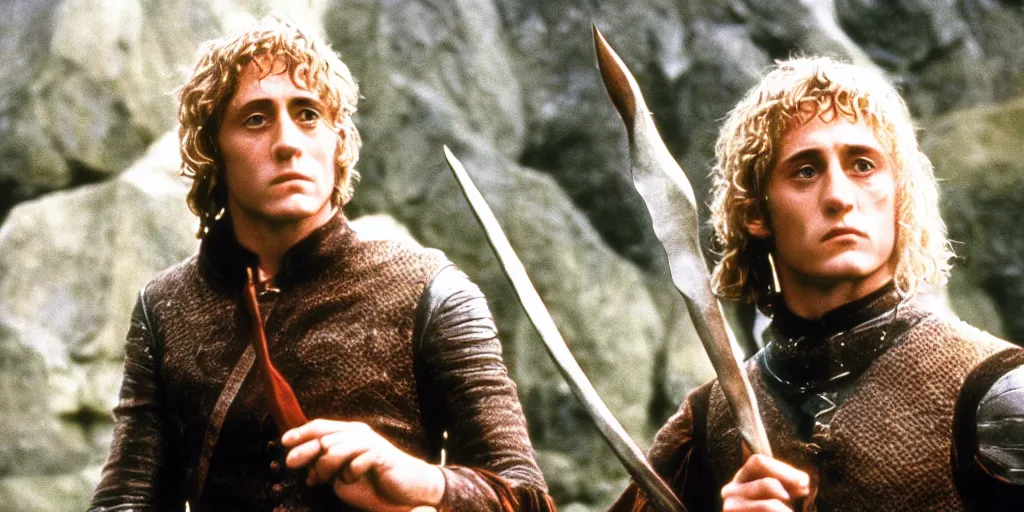 Image similar to A full color still of Roger Daltrey playing Legolas in Stanley Kubrick’s The Lord of the Rings, 35mm, 1970