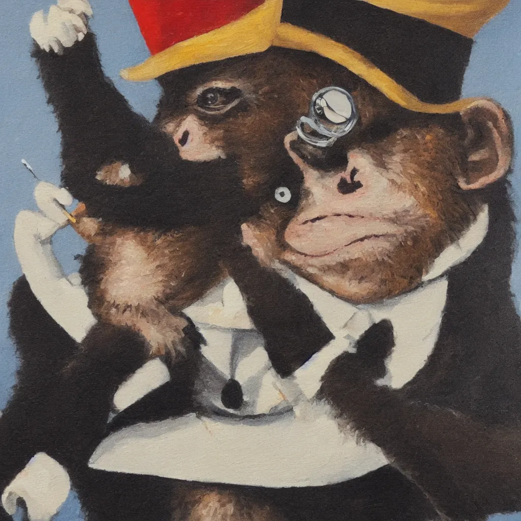 Image similar to a monkey wearing a monocle and a top hat drinking tea, brush strokes, oil painting