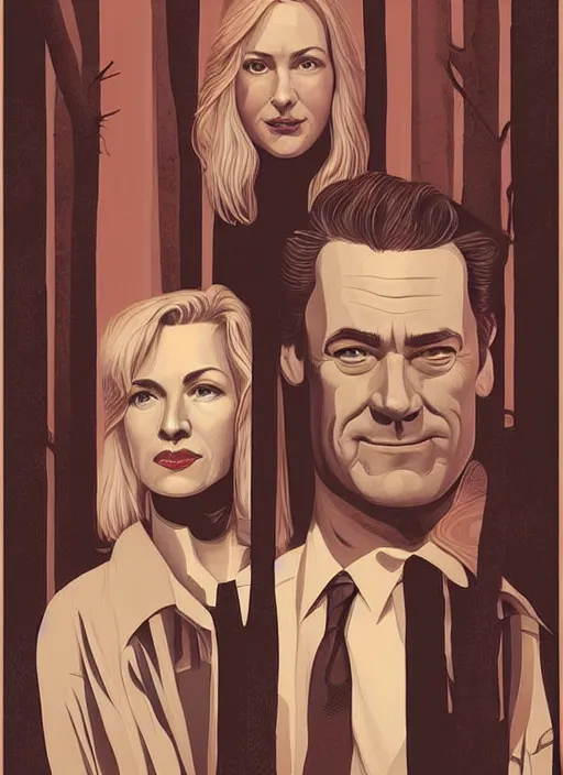 Image similar to Twin Peaks poster artwork by Michael Whelan and Tomer Hanuka, Karol Bak of Naomi Watts Jon Hamm husband & wife portrait, creepy smiles, from scene from Twin Peaks, clean, simple illustration, nostalgic, domestic, full of details