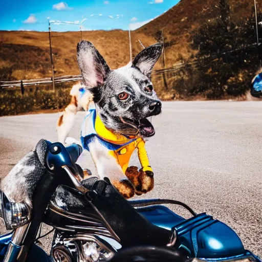 Image similar to blue heeler dog on a motorcycle, 8 k photography, blurred background of a wafflehouse