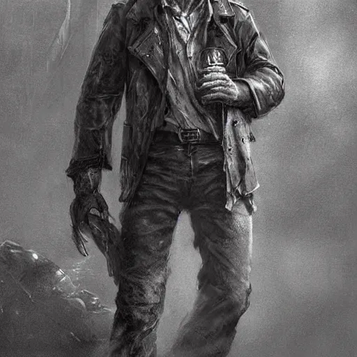 Image similar to a highly detailed epic cinematic concept art CG render digital painting artwork costume design: beareded Humphrey Bogart, old scars, long hair, grizzled, tired, in an old 1950s leather jacket, with a bottle of whisky in hand. By Greg Rutkowski, Ilya Kuvshinov, WLOP, Stanley Artgerm Lau, Ruan Jia and Fenghua Zhong, trending on ArtStation, made in Maya, Blender and Photoshop, octane render, excellent composition, cinematic atmosphere, dynamic dramatic cinematic lighting, aesthetic, very inspirational, arthouse