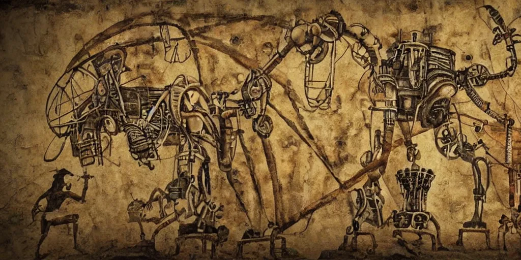 Prompt: a prehistoric cave painting of a giant steampunk futuristic retrofuturistic machine