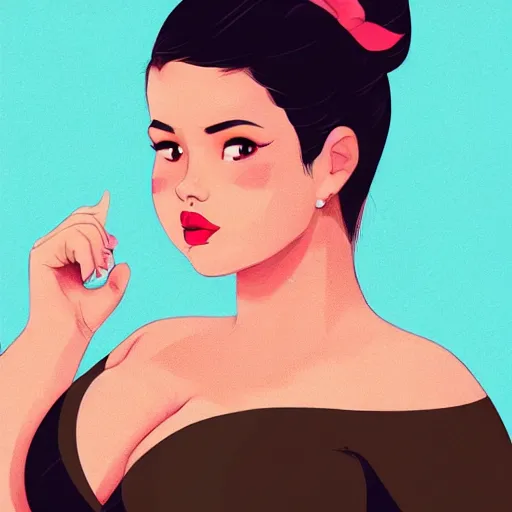 Image similar to beautiful curvy woman resembling selena gomez at a birthday party. detailed face. clean cel shaded vector art. shutterstock. behance hd by lois van baarle, artgerm, helen huang, by makoto shinkai and ilya kuvshinov, rossdraws, illustration,