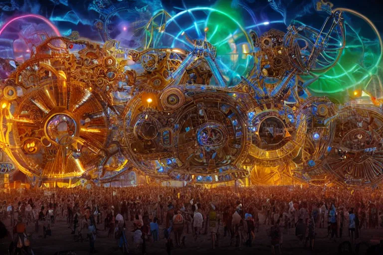 Image similar to scene is burning man festival, portrait photo of a giant huge golden and blue metal steampunk robot, with gears and tubes, eyes are glowing red lightbulbs, audience selfie, shiny crisp finish, 3 d render, 8 k, insaneley detailed, fluorescent colors, haluzinogetic, background is multicolored lasershow