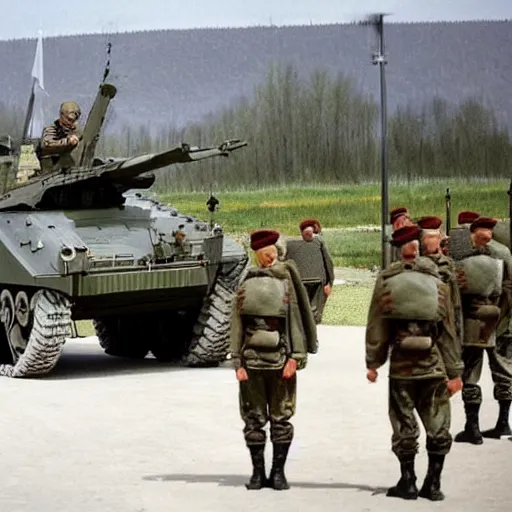 Prompt: russian soldiers in full uniform ride on an armored personnel carrier with the flag of the russian empire