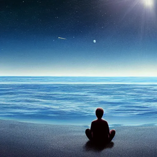 Prompt: a photo of a peaceful serene place, it's on an alien world. i am. looking at the ocean. the ocean seems to sparkle like diamonds. i can see a large blue planet floating in the horizon. hyperrealism