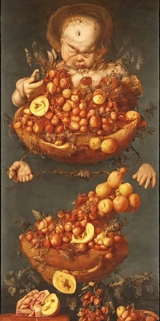 Image similar to a boy sitting in a tub full of tomato sauce, the moon is made by bananas, by giuseppe arcimboldo, renaissance, portrait, fruit, detailed oil paint, high definition