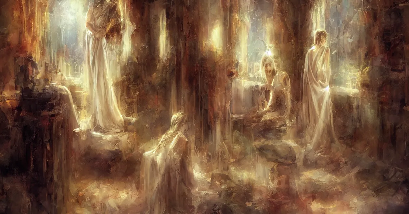 Prompt: the conscious observer watches physical reality from a silent and empty ethereal place behind the mirror, very deep stillness atmosphere, silence, dimension of still moment, spiritual feeling, digital art, by ralph horsley