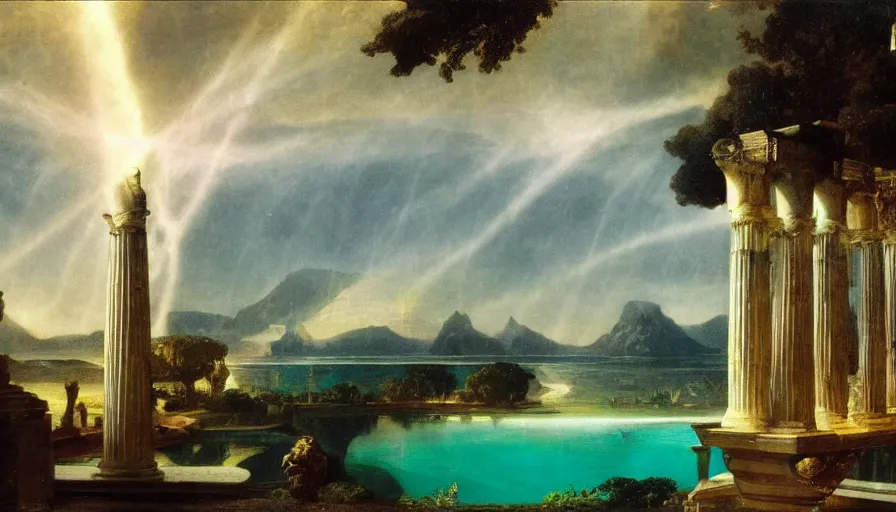 Image similar to Palace of the occult, mediterranean balustrade and columns, refracted sparkles, thunderstorm, greek pool, beach and Tropical vegetation on the background major arcana sky and occult symbols, by paul delaroche, hyperrealistic 4k uhd, award-winning, very detailed paradise