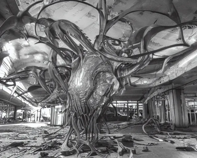 Prompt: camera footage of a extremely aggressive Giant mutated Octopus with glowing white eyes, Human Features, Teeth, in an abandoned shopping mall, Psychic Mind flayer, Terrifying, Silhouette :7 , high exposure, dark, monochrome, camera, grainy, CCTV, security camera footage, timestamp, zoomed in, Feral, fish-eye lens, Fast, Radiation Mutated, Nightmare Fuel, Wolf, Evil, Bite, Motion Blur, horrifying, lunging at camera :4 bloody dead body, blood on floors, windows and walls :5