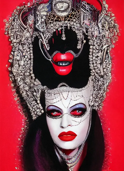 Image similar to an 8 0 s portrait of a woman with dark eye - shadow and red lips with dark slicked back hair, a mask of beads and diamonds hanging from a thin black crown, dreaming acid - fueled hallucinations by serge lutens, rolf armstrong, delphin enjolras, peter elson, red cloth background