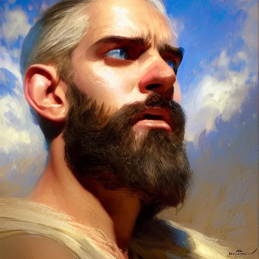 Image similar to detailed cinematic wide shot of beautiful attractive masculine man beard slim face symettrical face clean skin blue eyes white hair, ultra realistic, spring light, painting by gaston bussiere, craig mullins, j. c. leyendecker