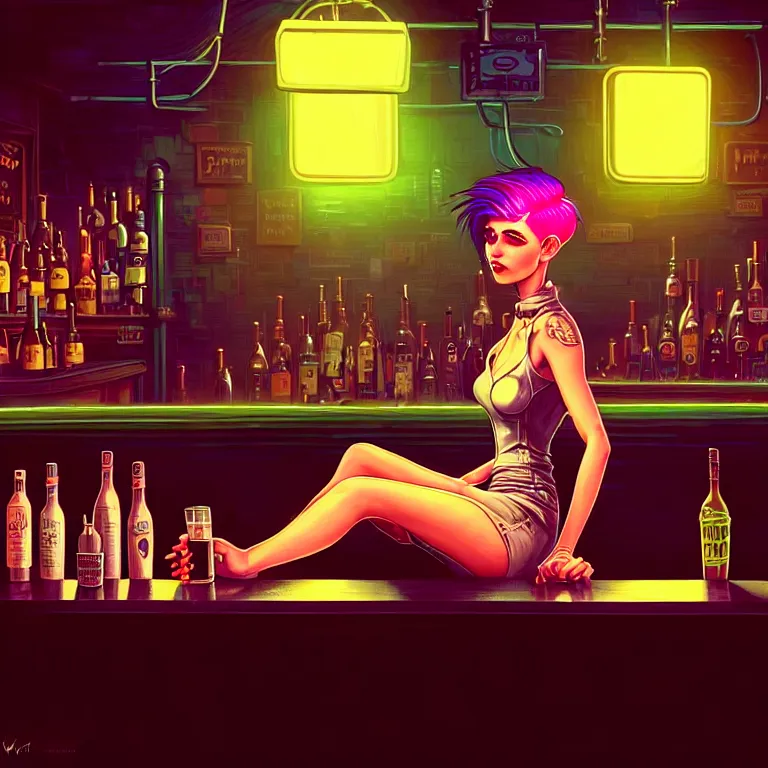 Prompt: a young sophisticated beautiful barmaid, dimly lit industrial grunge cyberpunk dive bar, dystopian retrofuturistic 1980s neon vibe, relaxed pose, sitting at the bar, pixie cut with shaved side hair, wild, highly detailed, digital painting, artstation, sharp focus, illustration, detailed painterly digital art style by WLOP and Cory Loftis + perfect facial symmetry + dim volumetric lighting, vibrant deep colors, 🍸, 8k octane beautifully detailed render, post-processing, extremely hyperdetailed, epic composition, grim yet sparkling atmosphere, cinematic lighting + masterpiece, Art Nouveau, unreal engine, hyperrealistic