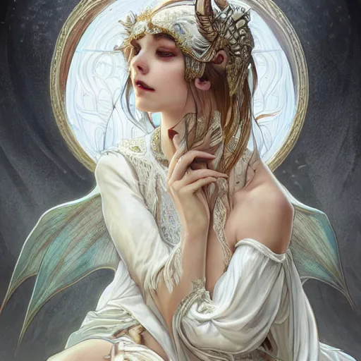 Image similar to a photograpic portrait of a anthropomorphic dragon wearing white clothes, fantasy, intricate, elegant, highly detailed, digital painting, artstation, concept art, smooth, sharp focus, illustration, art by artgerm and H R Giger and alphonse mucha